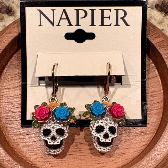 Napier Gold Tone Day of Dead Drop Earrings - Picture 2 of 6